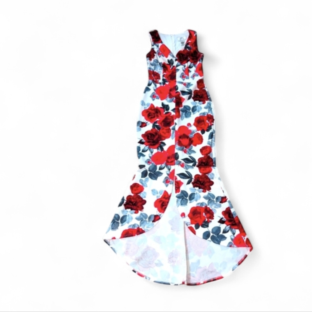 Rose Red and Grey Floral Print Maxi Bodycon Dress